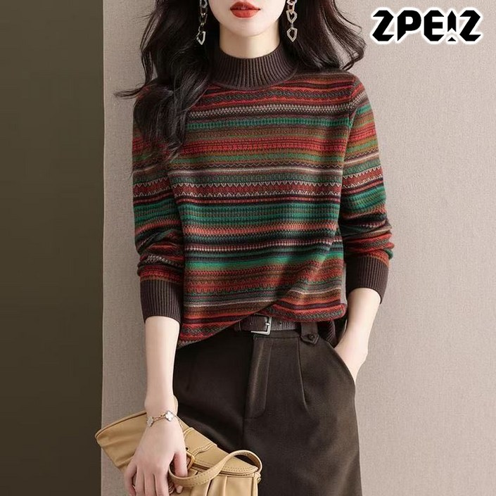 ZPEIZ  봄가을 신상 여성용  컬러 블록 스트라이프 긴팔 티셔츠 빈티지 루즈핏 캐주얼 슬림핏 기본 이너 데일리 상의