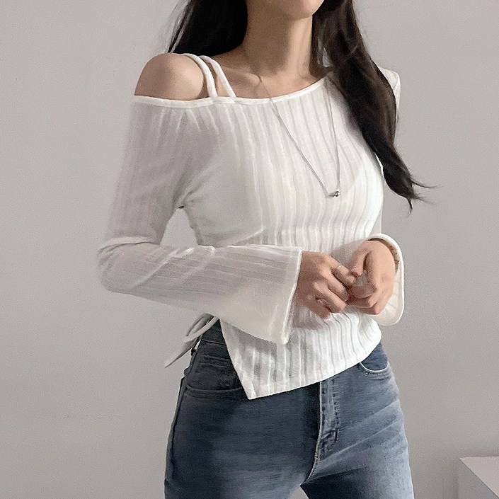 디데이뉴 말라핏허리잘록 쫀쫀 허리 셔링끈 트임 언발 오프숄더 스판 긴팔 티셔츠 4color