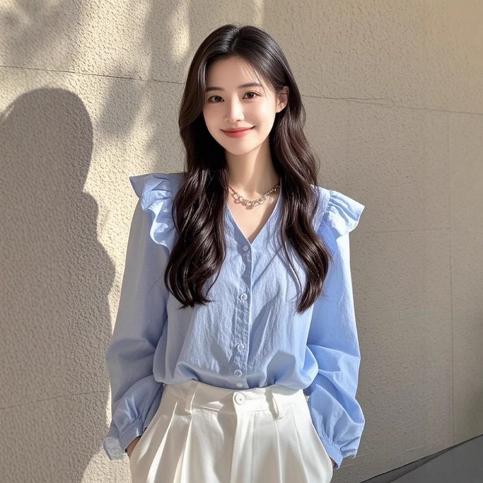 SAHINER 봄가을 여성 데일리 프릴 쉬폰 브이넥 긴팔 블라우스 LWACS56