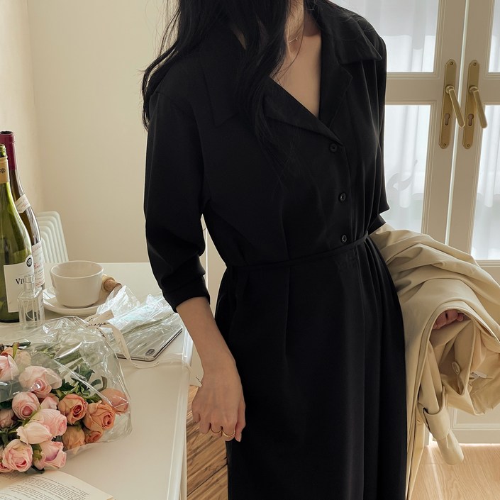 이거하나면 날씬핏 완성 로더블에르 여성 가을 빅사이즈 데일리 하객 셔츠 롱 원피스 블랙