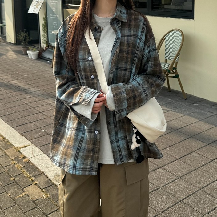 얼로우하이틴 피치 체크 오버핏 셔츠남방 남여공용 커플룩 기모 간절기 가을 자켓