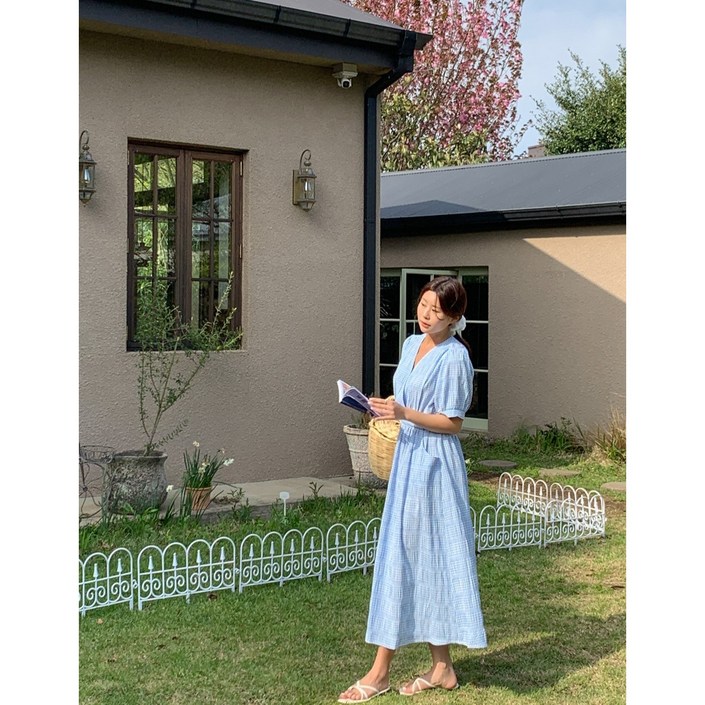 이삼사 퍼프 포켓 스트링조절 체크 반팔 롱원피스 빅사이즈 휴양지룩 3컬러