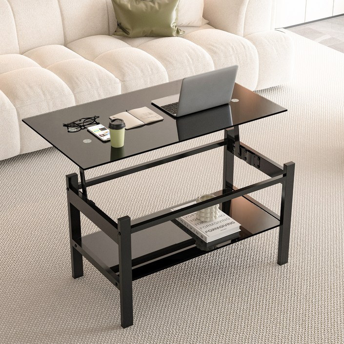 리프트 테이블 거실 쇼파 강화유리 커피 테이블, 블랙