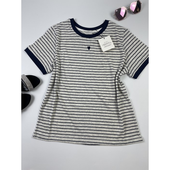 수워나 여성용 라운드넥 스트라이프 고급 면 반팔 티셔츠