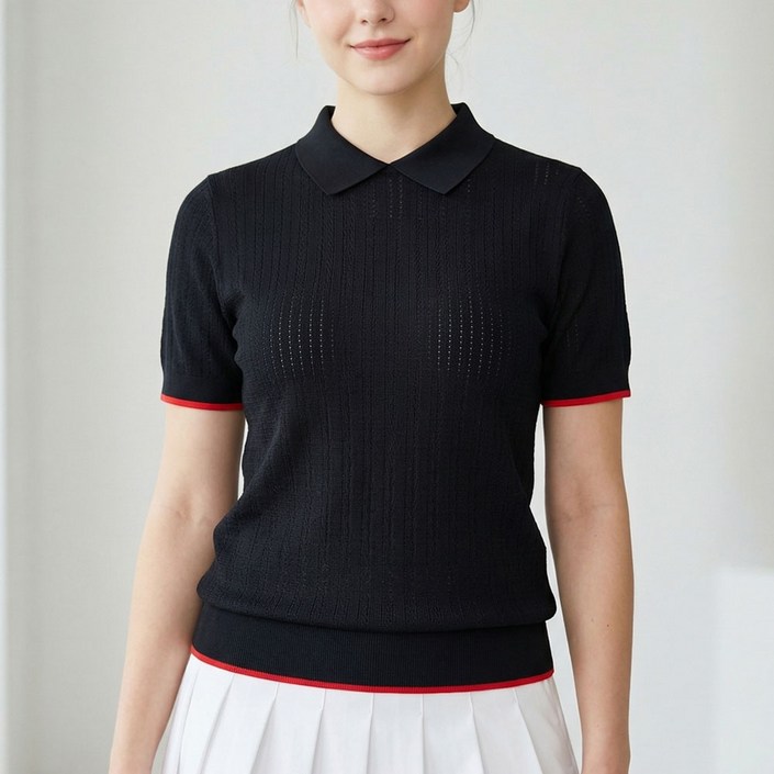 코디이슈 여성 골프 비스코스 나일론 반팔 니트 티셔츠 냉감 스판 소재