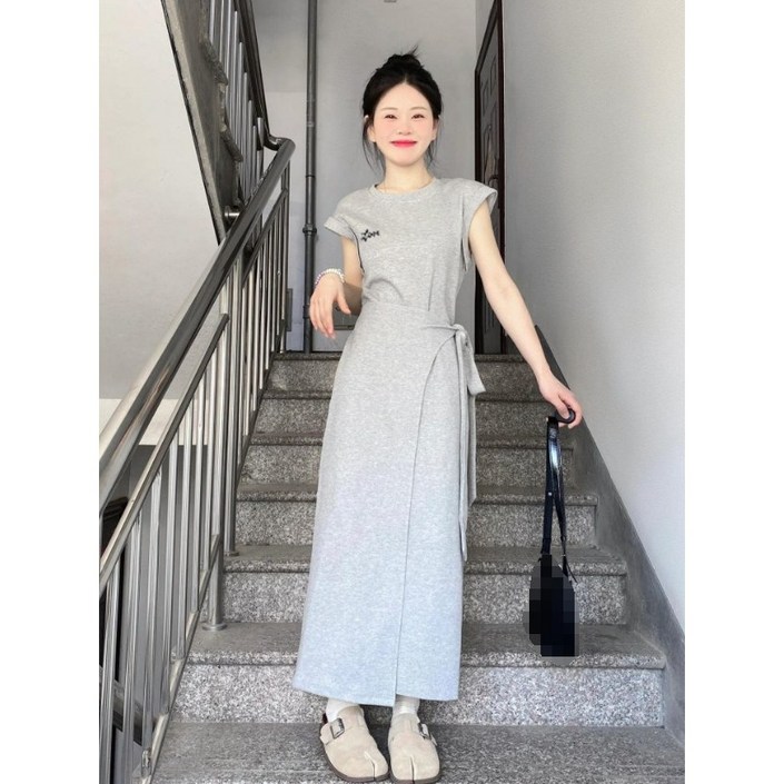 옷깔난다 빅사이즈 키작녀 스타일 허리라인 반팔 트레이닝 그레이 캐주얼 롱원피스 오브티원피스