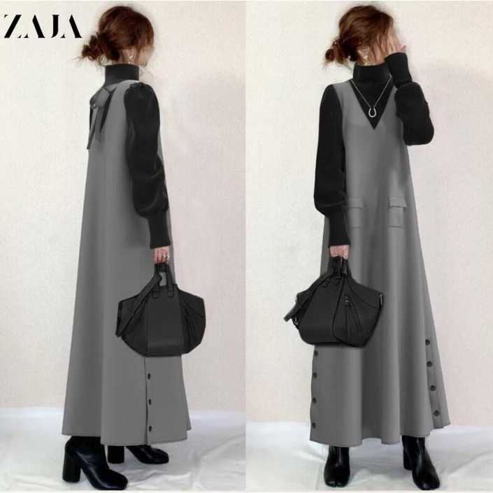 ZAJA 여성 겨울 원피스  긴팔 브이넥 배색 루즈핏 롱원피스