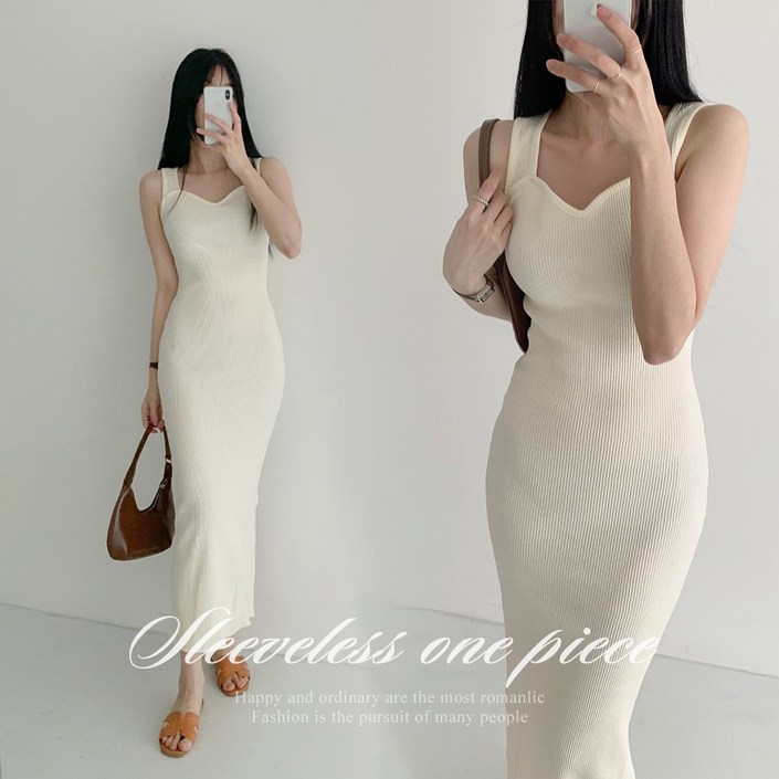 [순이] S.여성 슬림라인 하트넥 골지 나시 롱원피스