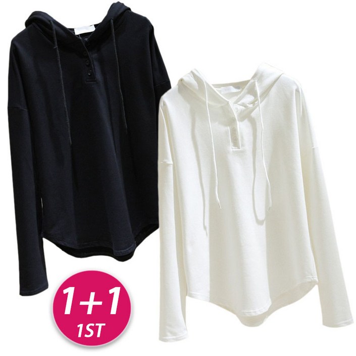 11 여성 봄 가을 베이직 버튼 포인트 긴팔 후드 티 풀오버 무지 맨투맨  루즈핏 후디 캐주얼 데일리 간절기 스트랩 이너 후드 2장 묶음