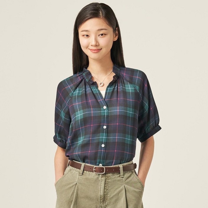 빈폴 레이디스 BEANPOLE LADIES 타탄체크 폴리 쉬폰 블라우스 네이비 BF5765C53R 596418