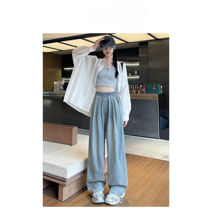 여성용 밴딩 세미 와이드 데님 팬츠 캐주얼 체형 보정 청바지