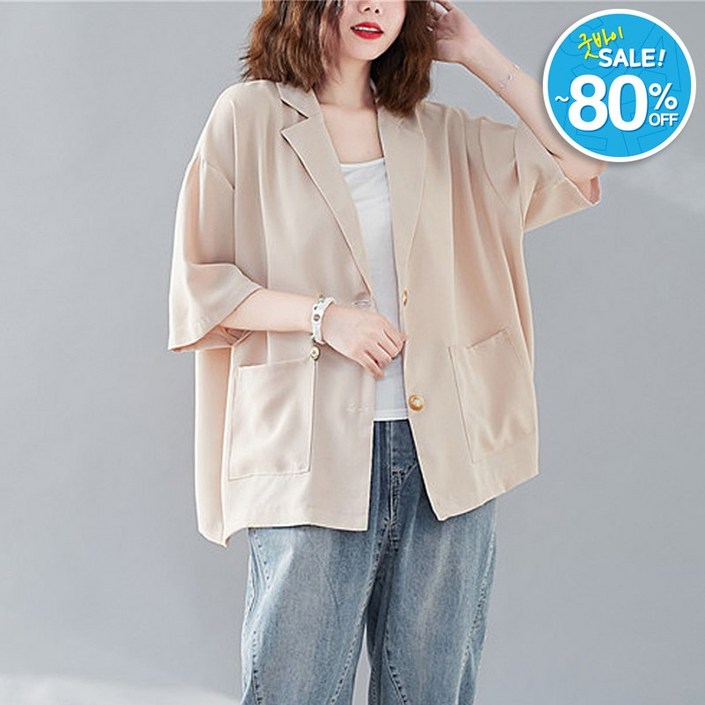 퀸앤조이 미녀77 루즈핏 투버튼 쉬폰 반팔 자켓