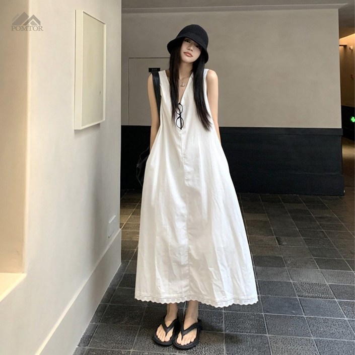 POMTOR 여성 여름 루즈핏 화이트 나시 민소매 롱 원피스 휴양지 원피스