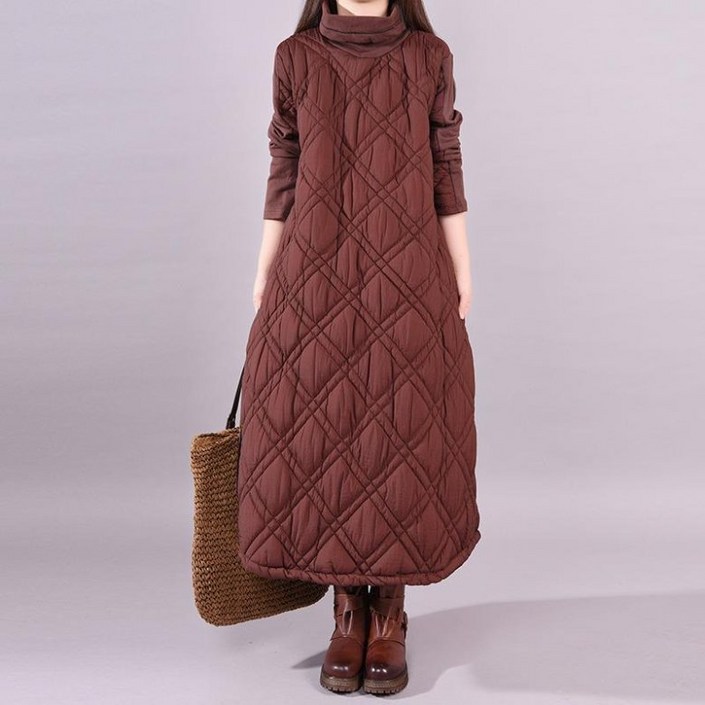 PEROLA 여성 터틀넥 원피스 안감패딩 누빔 2컬러 도톰 겨울 빅사이즈 캐주얼 롱 원피스