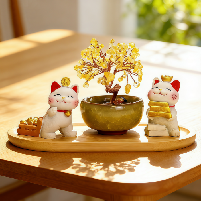 Flyaiku 마네키네코 돈나무 황금나무 4종 장식 인테리어 소품 행운 재물운 선물용 집들이 개업 미니 장식