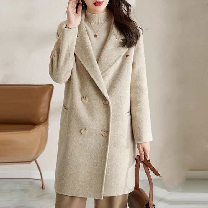 AOKADA  여성 가을 겨울 오버핏 모직 더블 하프 코트 여자 반코트