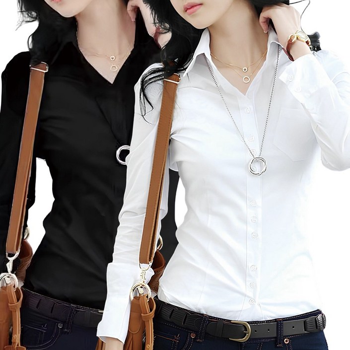 1+1 로로비 여성 슬림핏 긴팔 셔츠 셔링 블라우스 기본 베이직 긴팔 화이트 블랙 와이셔츠