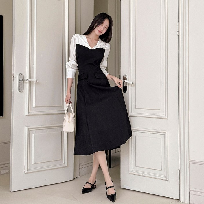 떳다그녀 모나르트 배색 셔츠 레이어드 배색 드레스 퍼프소매 하객룩 간절기 오피스룩 롱원피스