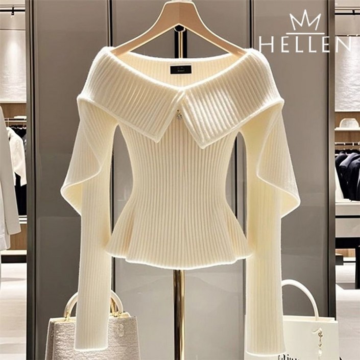 헬렌 연말룩 슬림 빅카라 니트 아이보리 데이트룩 아벨엔젤니트 B762