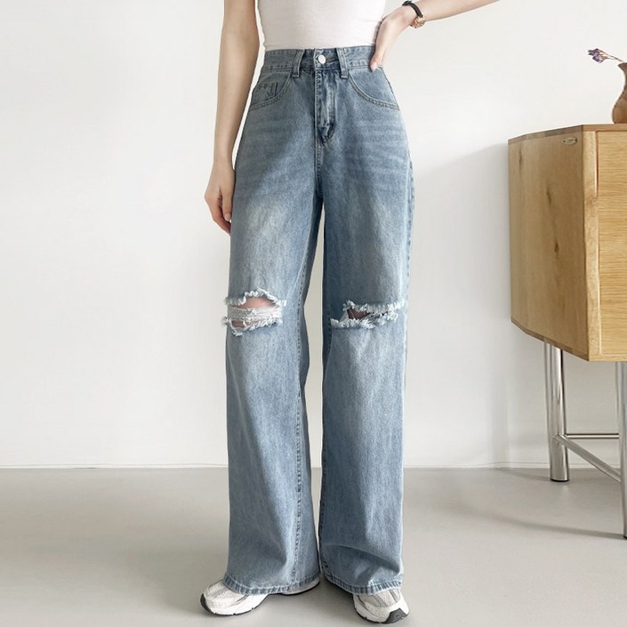 여리진 여성용 헤짐 워싱 데님 일자 와이드 바지 팬츠 찢어진 청바지 디스트로이드진 청바지