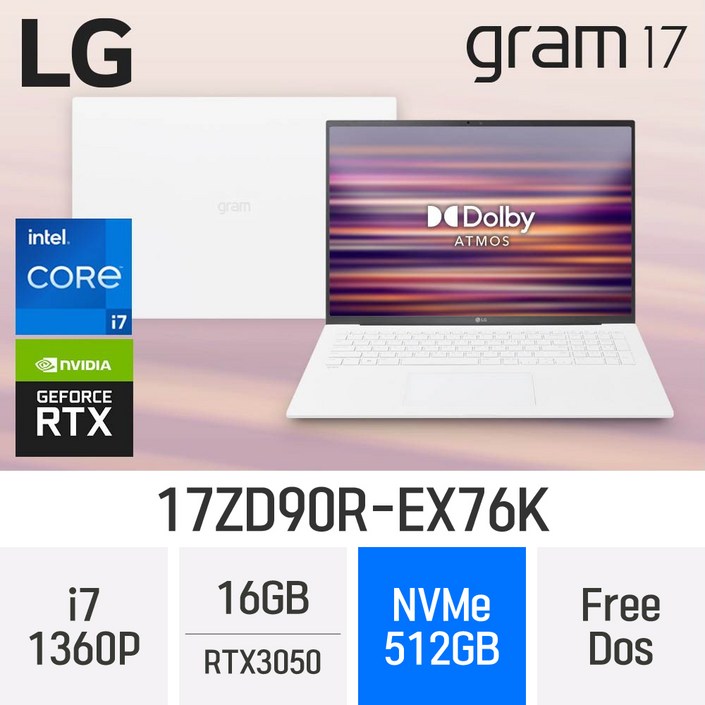 [RTX 3050 탑재] LG전자 2023 그램17 (13세대) 17ZD90R-EX76K - 최신형 고성능 노트북 *밸류팩/무선마우스 증정*, 17ZD90R-EX76K, Free DOS, 16GB, 512GB, 코어i7, W 20240407