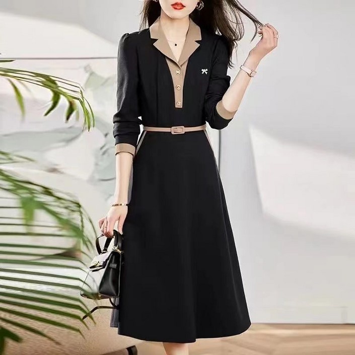 AOKADA 여성 봄 겨을 카라 배색 긴팔 오피스룩 하객룩 슬림 벨트 정장 롱 원피스