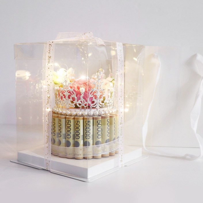 용돈박스 비누꽃 생신 생일 용돈 이벤트 (왕관돈케이크 + 전용쇼핑백 + 페이크머니 + LED전구)