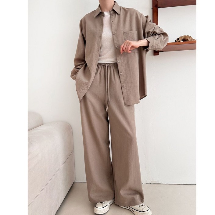 r22 와이드 셔스셋업 루즈핏 롱셔츠 밴딩 통바지세트 와이드팬츠 꾸안꾸 편하고 예쁜 3칼라