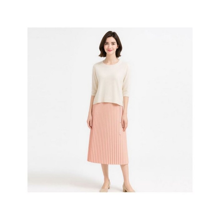 홈쇼핑HIT 후스타일 여성 플리츠 배색 니트 원피스 베이지