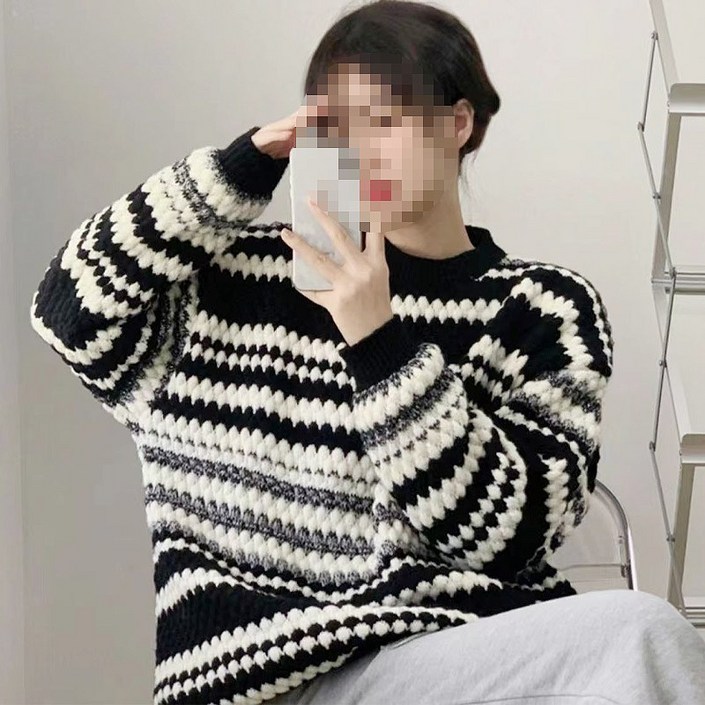 코지올 2025 가을 겨울 신상품 스트라이프 오버핏 풀오버 스웨터 여성용 루즈핏 니트 티셔츠 FREE