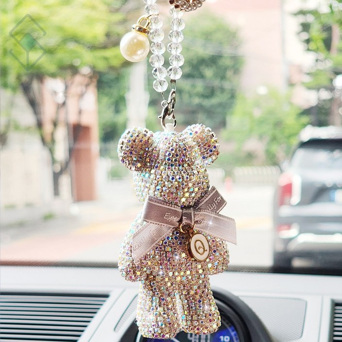 자동차 리본 곰돌이 큐빅 룸미러걸이