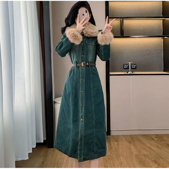 여성 겨울 허리띠 퍼카라 기모 롱 워싱 청원피스 고급스러운 데님 원피스 치마