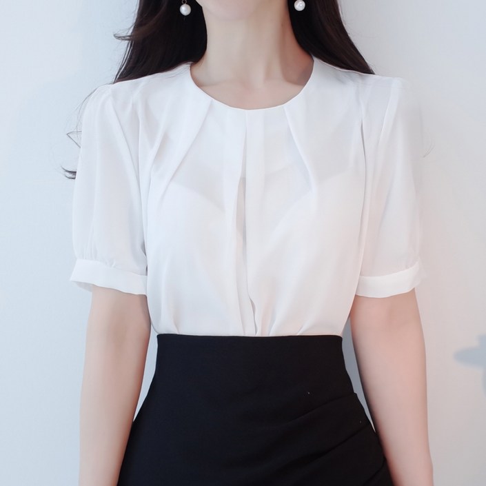 오드리버블 반팔 단정한 면접블라우스 라운드넥 핀턱 셔링 쉬폰 블라우스 오드리버블 반팔 단정한 면접블라우스 라운드넥 핀턱 셔링 쉬폰 블라우스
