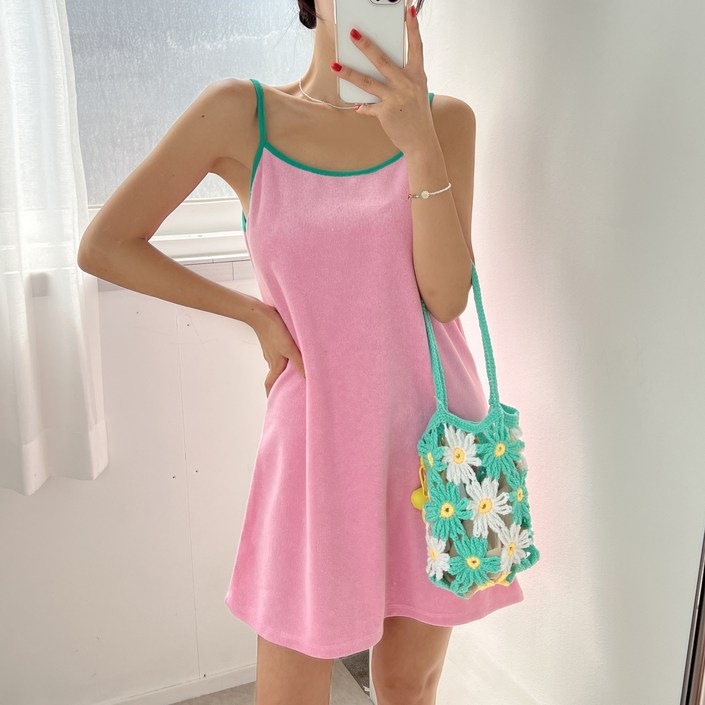 미니,롱 ver 타올,비치웨어 랍빠 배색 스퀘어넥 테리 루즈핏 끈 나시 롱 미니 원피스 5color 커버업