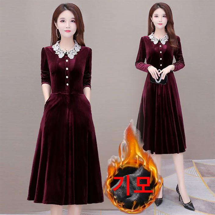 지고다그 여성 금사벨벳 레이스카라 원피스 가을겨울 긴팔 중장기장 우아한핏 YZH74232