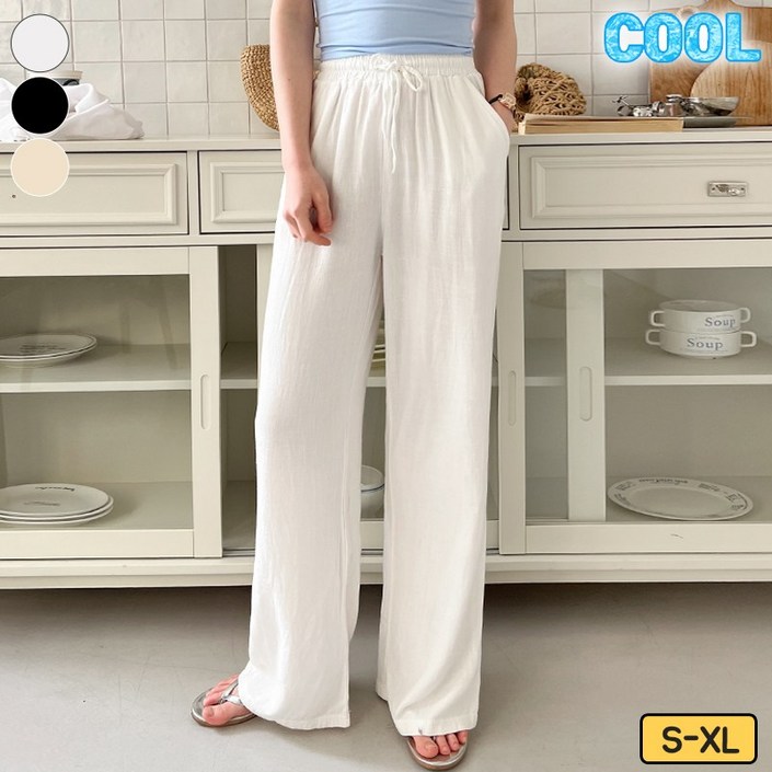 가비진 여성용 쿨 린넨 쫀쫀 허리 밴딩 일자 롱기장 팬츠 바지 찰랑 린넨바지 빅사이즈까지