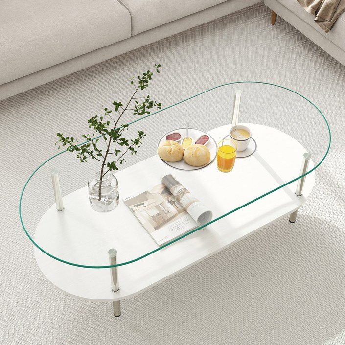 제이더블유퍼니처 수납형 거실 쇼파 테이블 2단 타원형 강화유리 거실테이블 10001200mm, 투명화이트1200