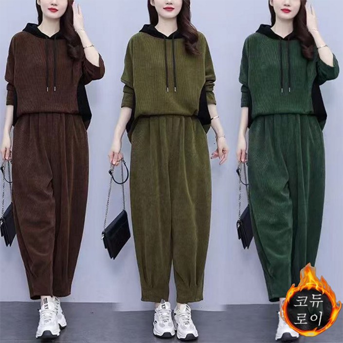 50대 중년여성의류 루즈핏 배색 후드티 배기 와이드 팬츠 상하 바지세트