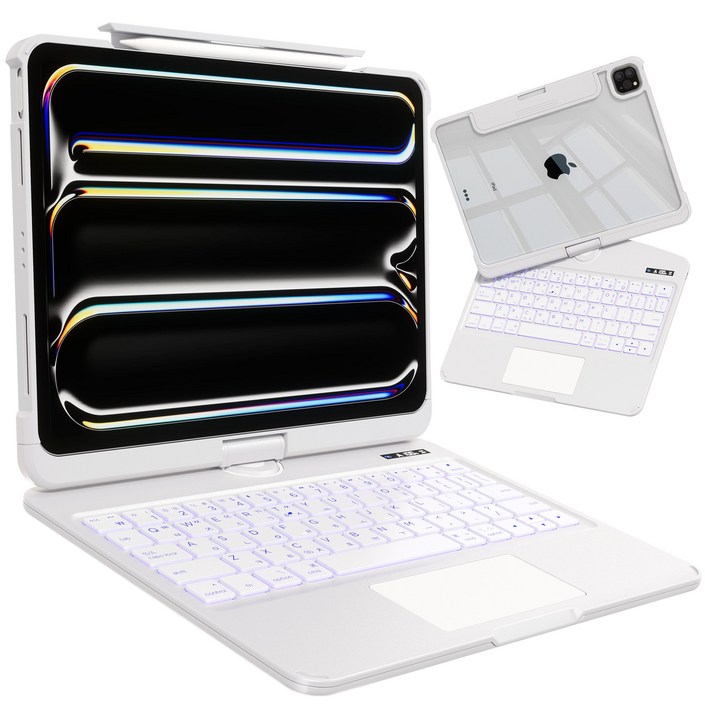 AITEWO 아이패드 매직키보드 케이스 펜슬 수납 360도회전 일체형 각도조절 투명 백라이트 터치패드 에어7/6/5/4/3/2/1세대 프로11/10.9/13/12.9인치, 에어7/6세대 프로4/3세대11 에어5/4세대10.9, 화이트
