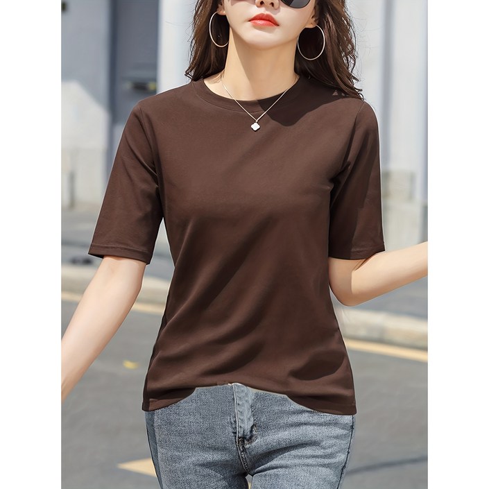 신상 솔리드 여름 슬림 라운드 5부 반팔 코디 상의 티셔츠