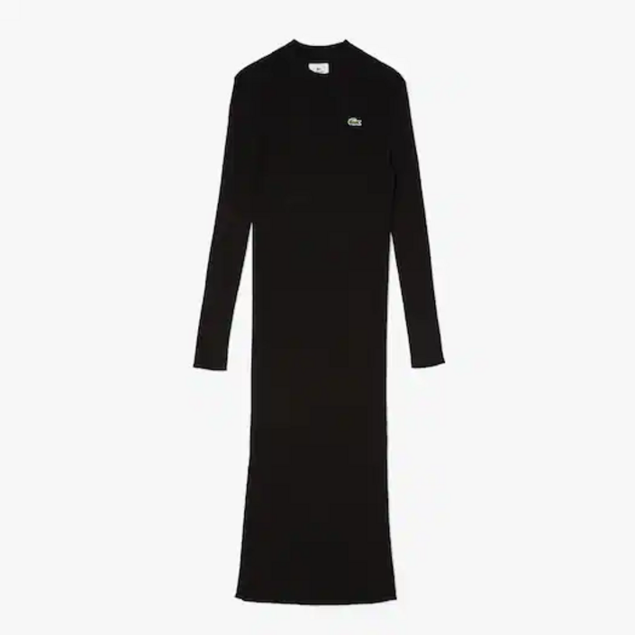 라코스테 원피스 라이브 골지 슬림핏 블랙 니트 크루넥 사이드 슬릿 롱 드레스 Ribbed Long Sweater Dress