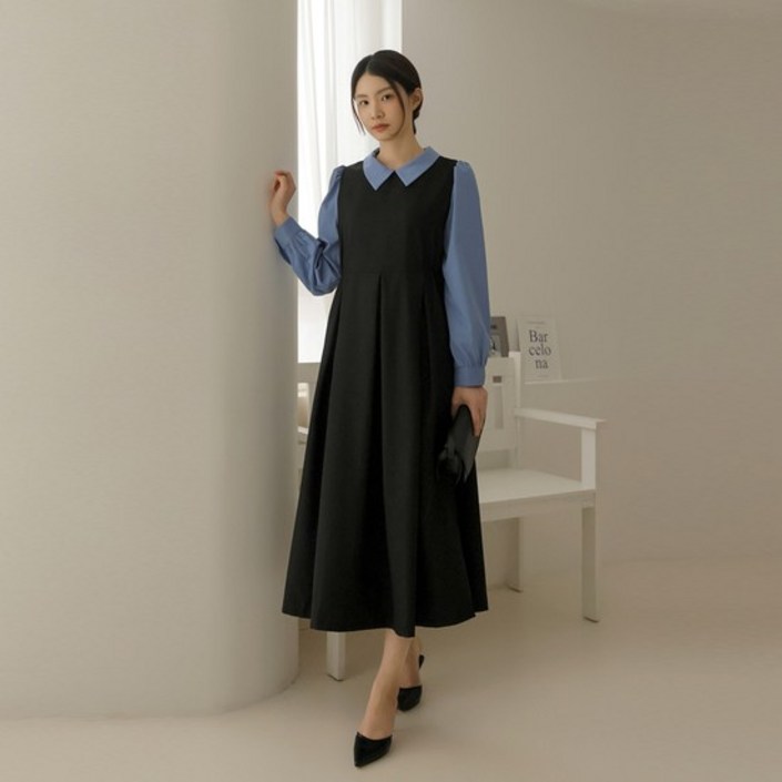 66110 가매 셔츠 배색 주름 원피스