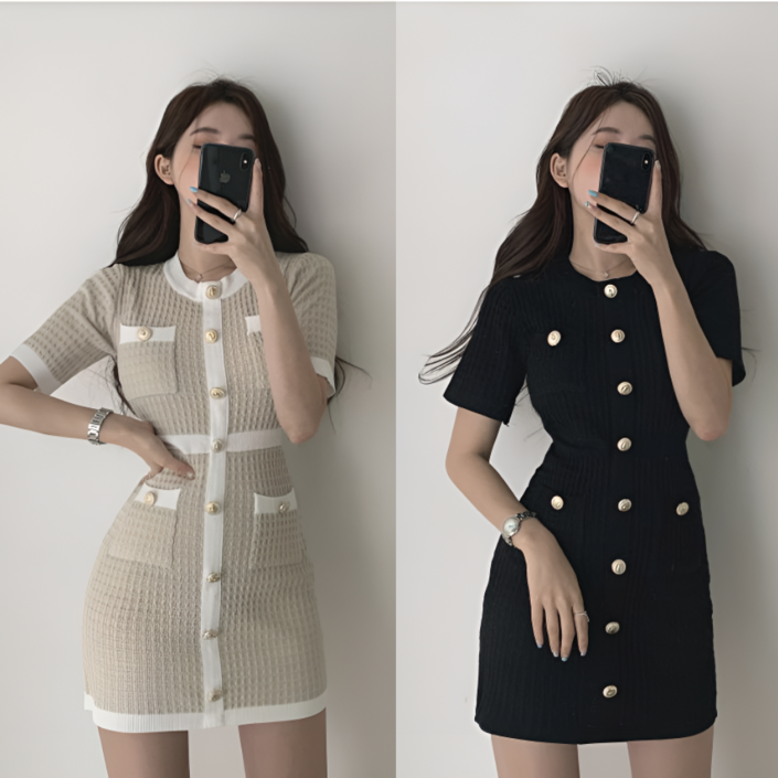 잘록한 여성 버튼 슬림핏 포켓 반팔 원피스 휴양지 해외여행