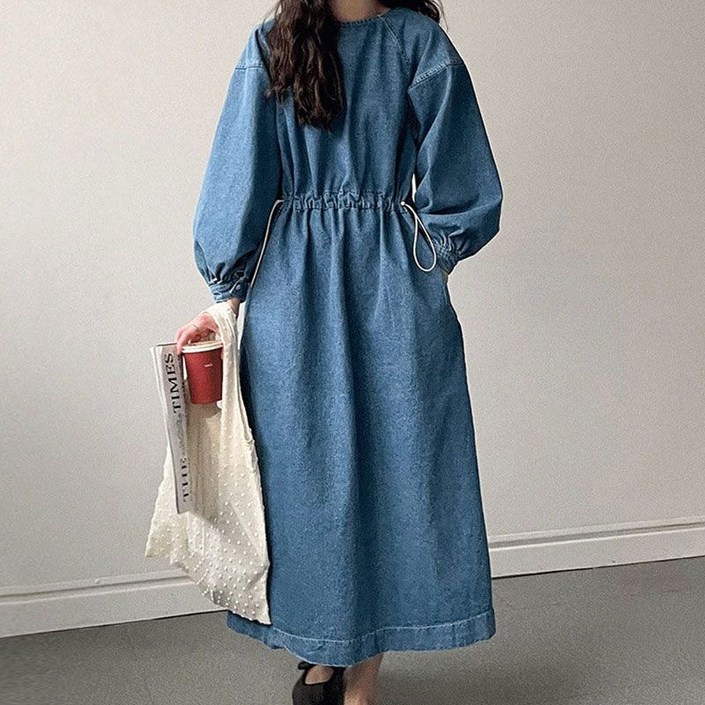 SAHINER 봄가을 여성용 캐주얼 오버핏 데님 허리스트링 벌룬소매 롱원피스 LWBQZ37