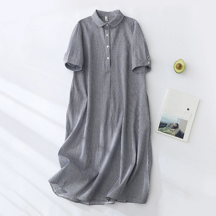 루스리더 여성 여름 신상 고급 캐주얼 오버핏 롱 체크 셔츠 원피스 M180