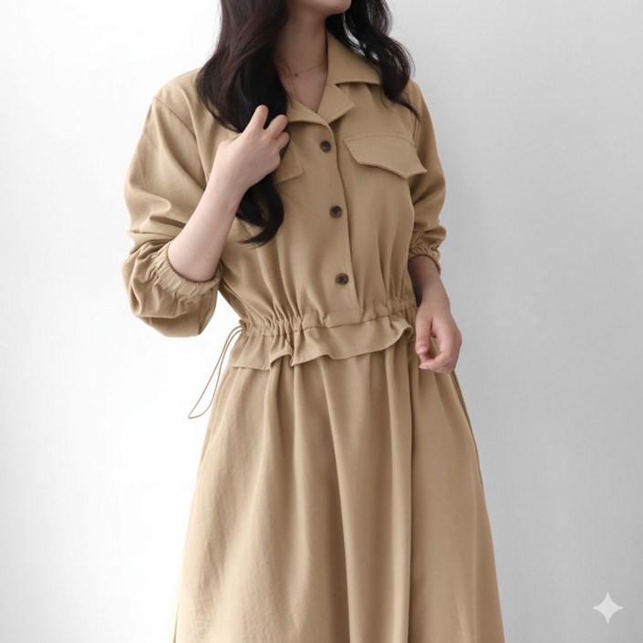 메리앤유 베이직 카라 셔츠 핏 스트링 롱 플레어 원피스