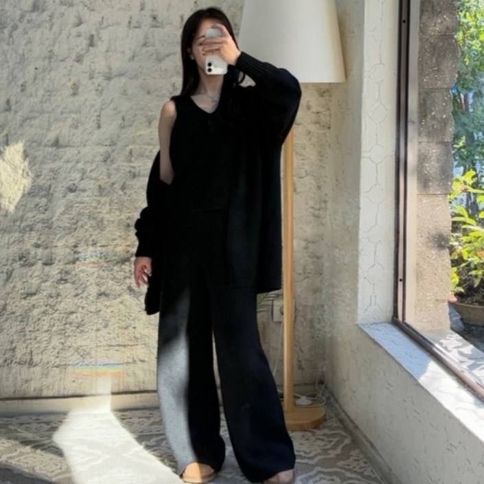 여성 니트 브이넥 롱 가디건 쓰리 피스 3세트 (4color)