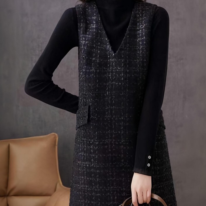 에버리씽 여성 빅사이즈 트위드 브이넥 민소매 미디 조끼 원피스 Q21695