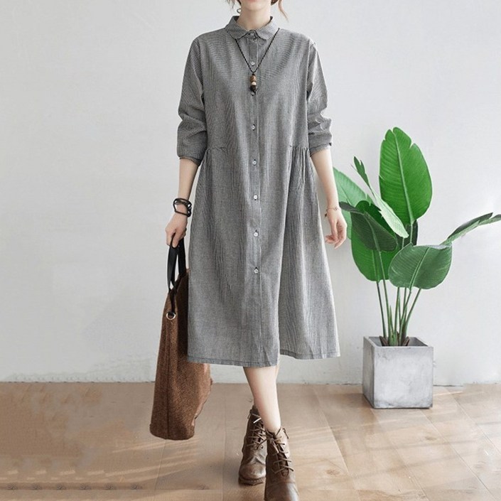 체크무늬 루즈핏 린넨 셔링 긴팔 원피스