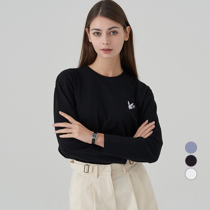 ELLE PARIS 여성용 레빗 자수 릴렉스핏 긴팔 티셔츠